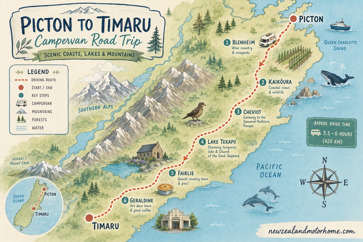 Illustrated campervan map — picton to timaru campervan
