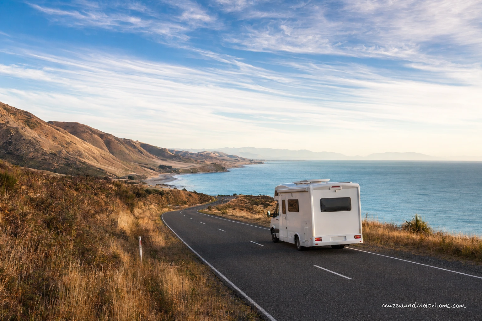 Campervan parked near the Kaikōura coast on the Picton to Timaru route