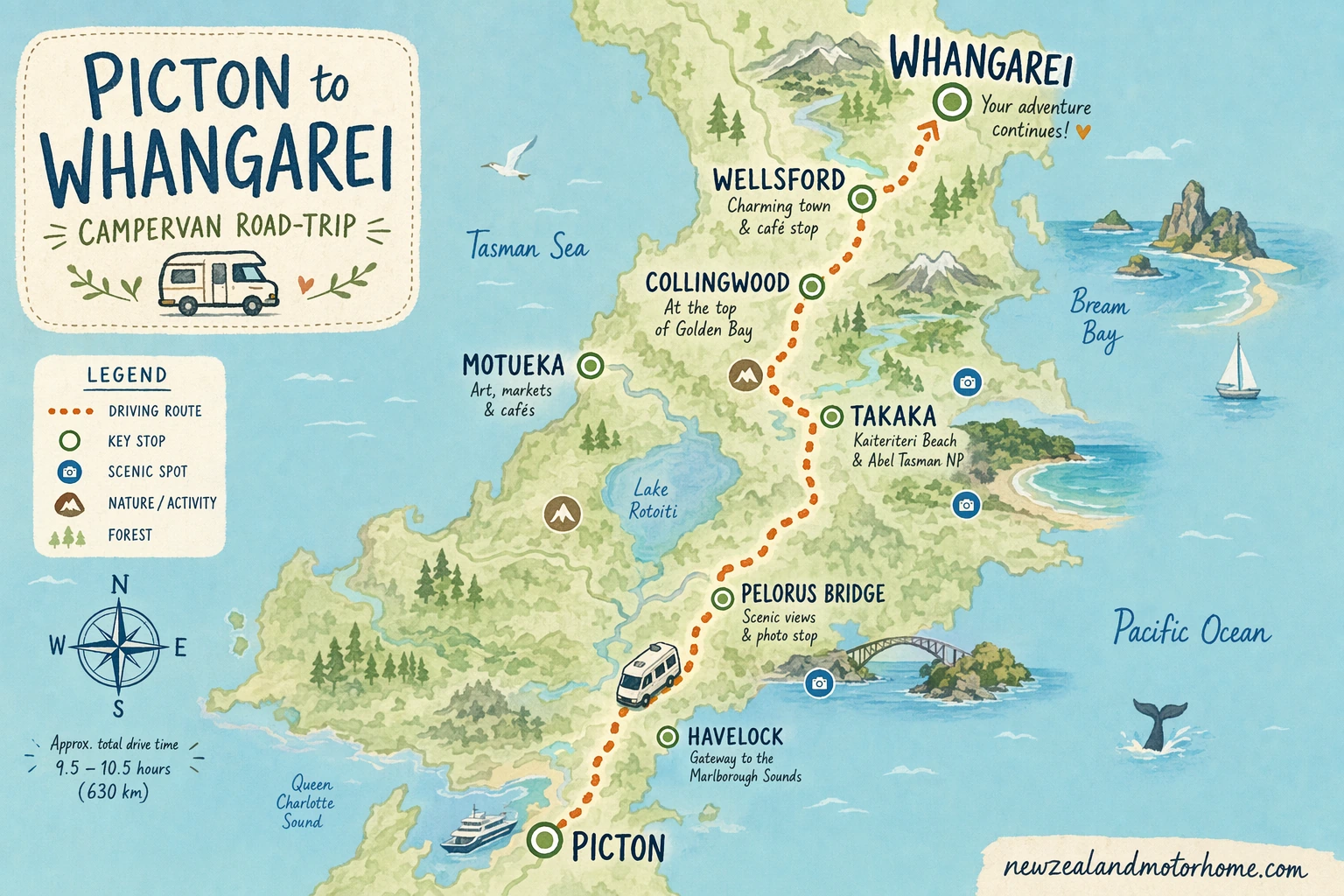 Illustrated campervan map — picton to whangarei campervan