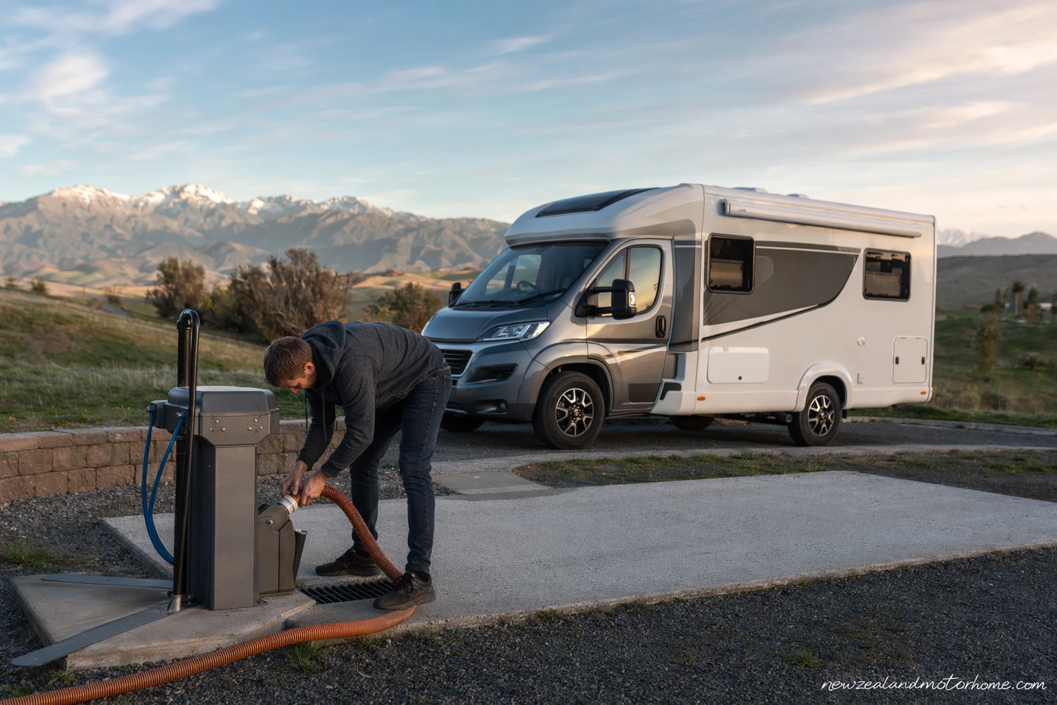 Campervan parked beside a signposted public dump station in New Zealand