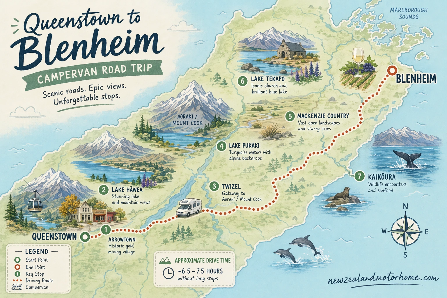 Illustrated campervan map — queenstown to blenheim campervan