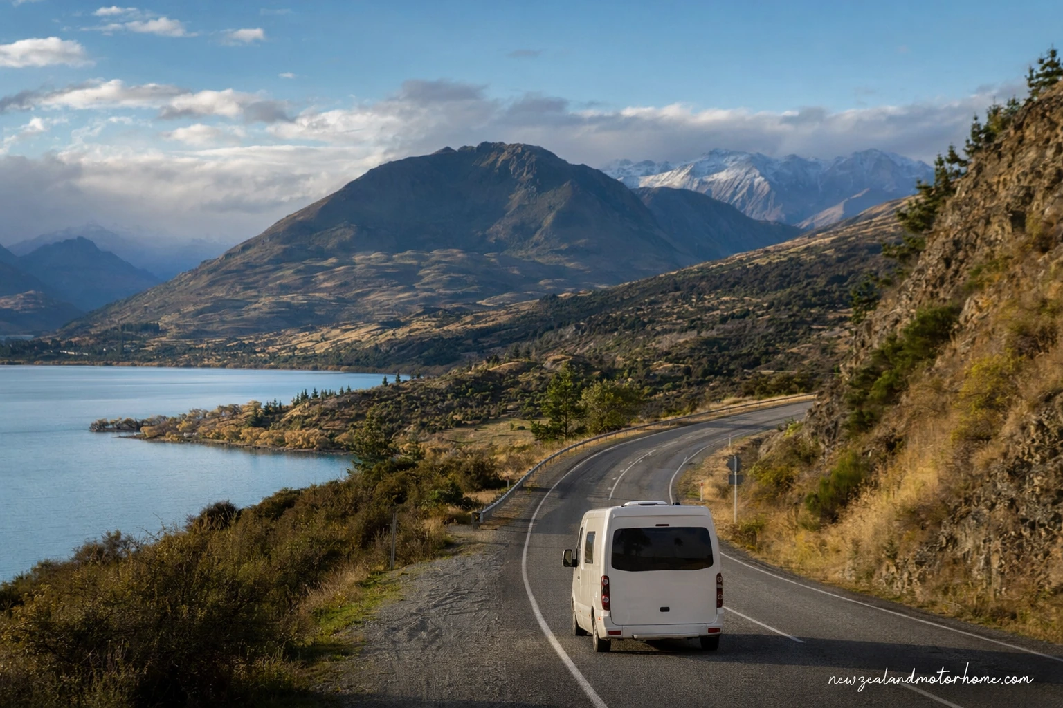Campervan parked near Lake Pukaki on the Queenstown to Blenheim route with mountains in the distance