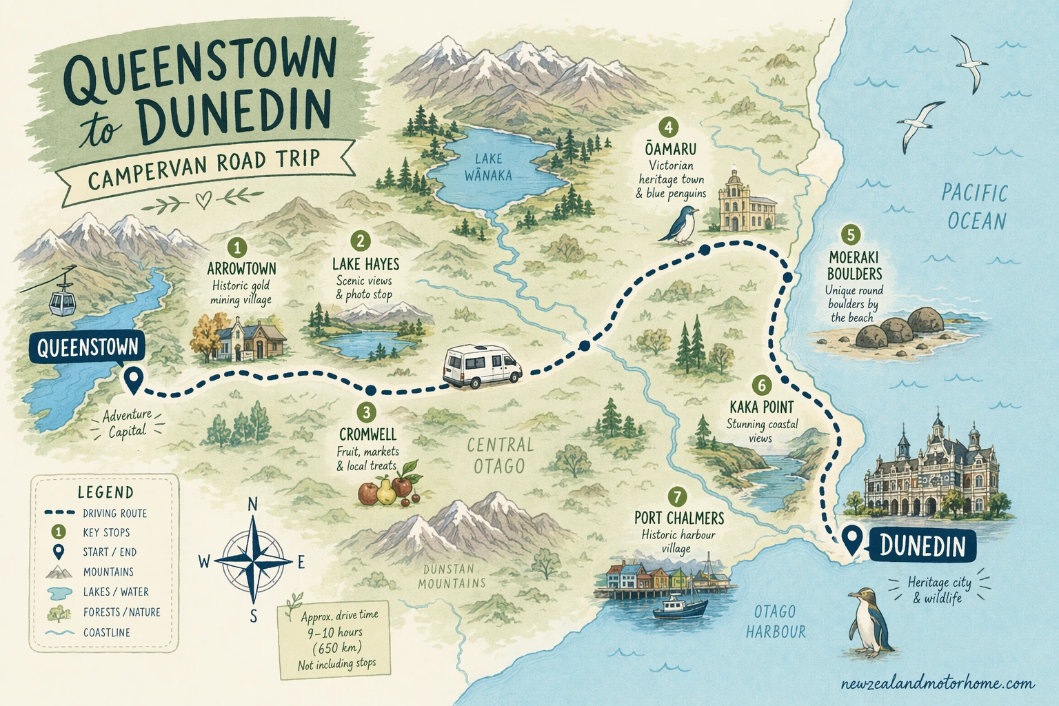 Illustrated campervan map — queenstown to dunedin campervan