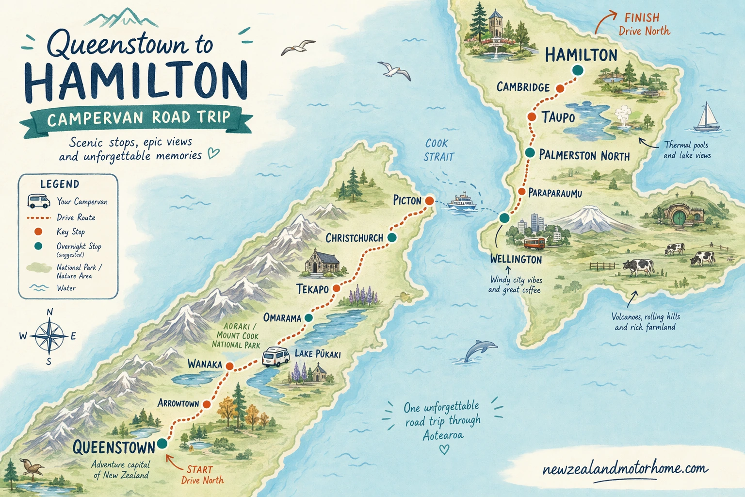 Illustrated campervan map — queenstown to hamilton campervan