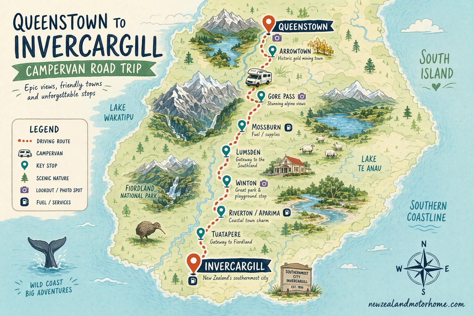 Illustrated campervan map — queenstown to invercargill campervan