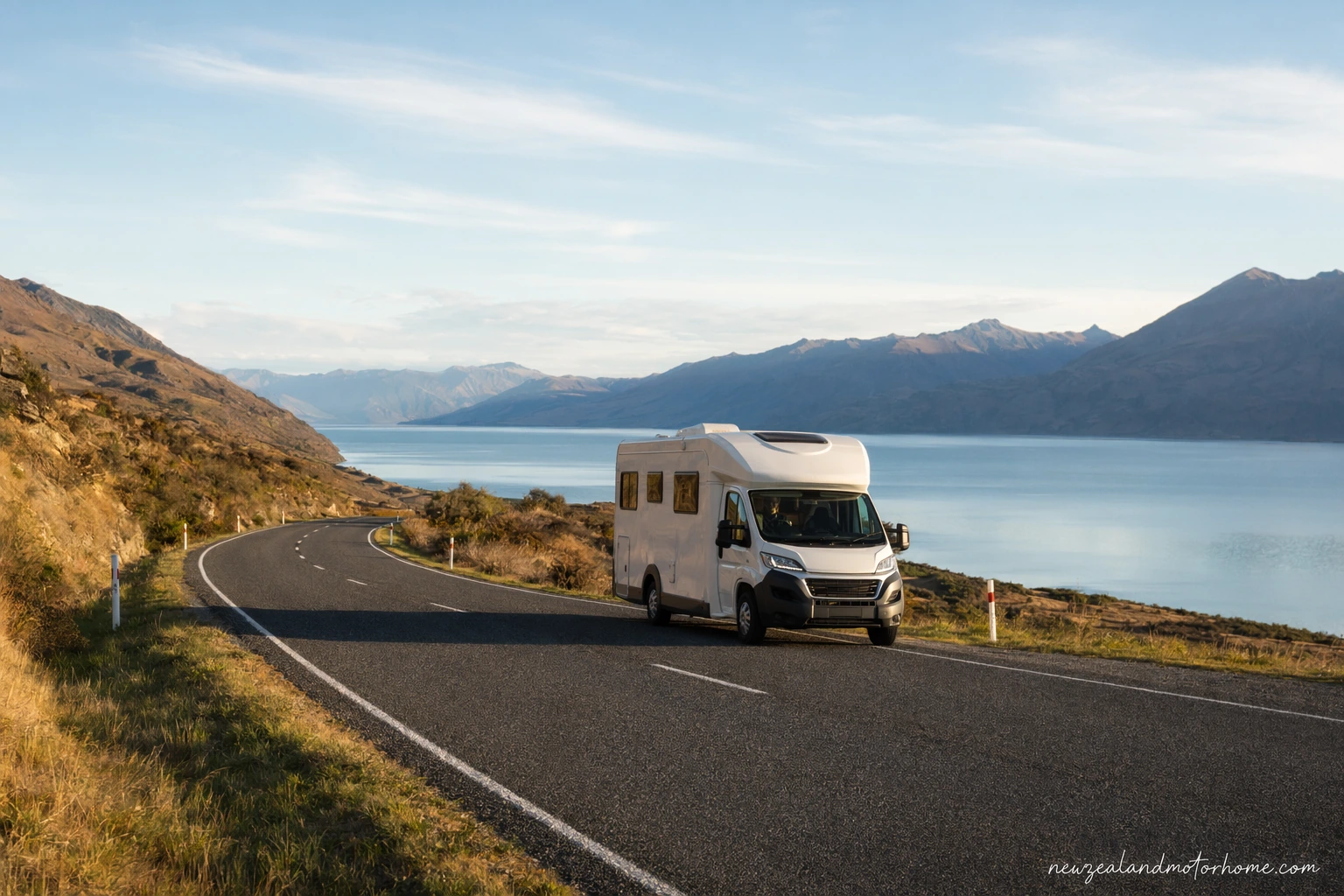 Campervan parked beside Lake Wakatipu on the Queenstown to Invercargill route