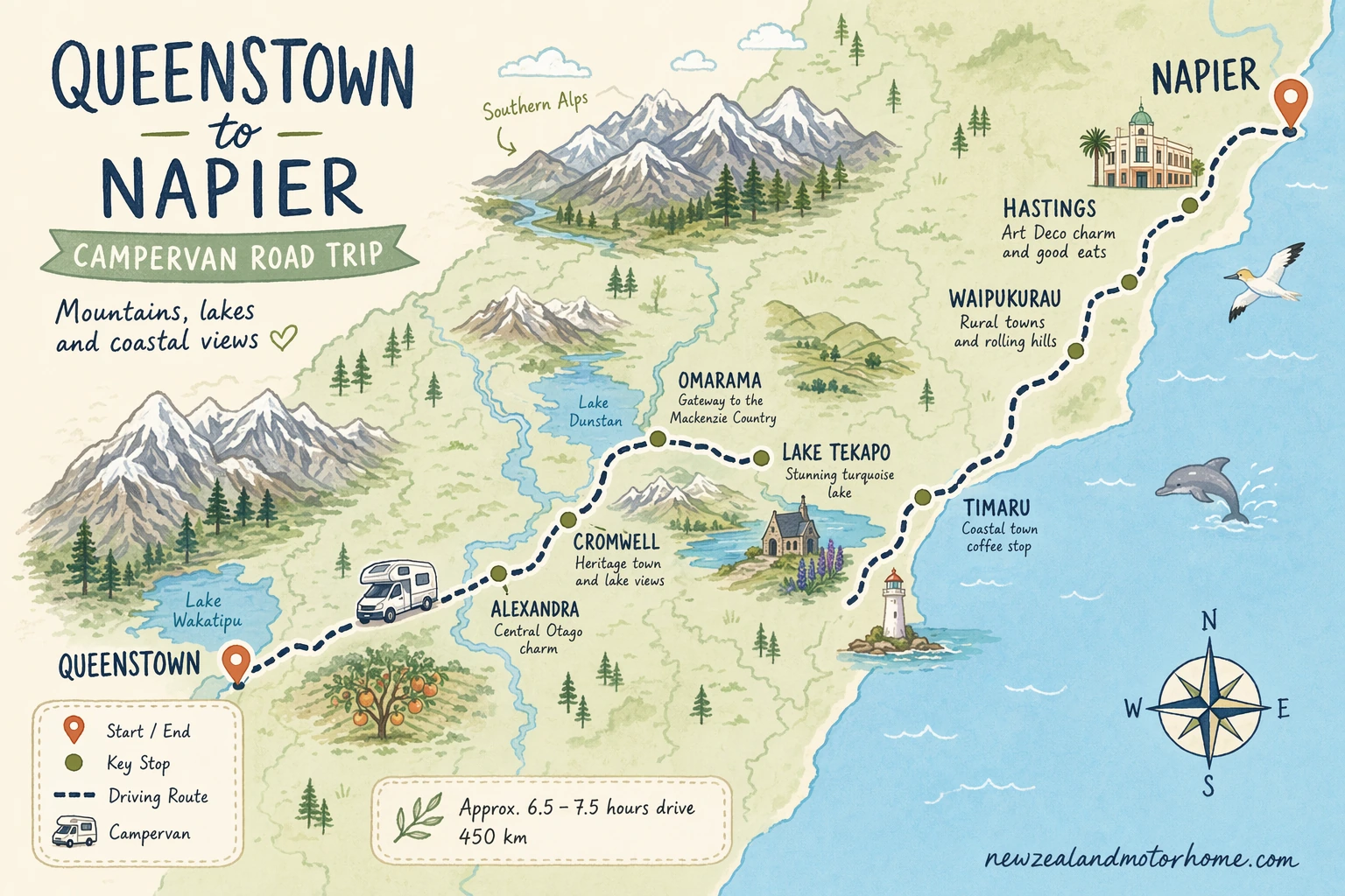 Illustrated campervan map — queenstown to napier campervan