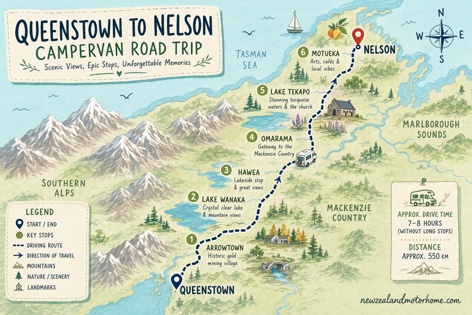 Illustrated campervan map — queenstown to nelson campervan