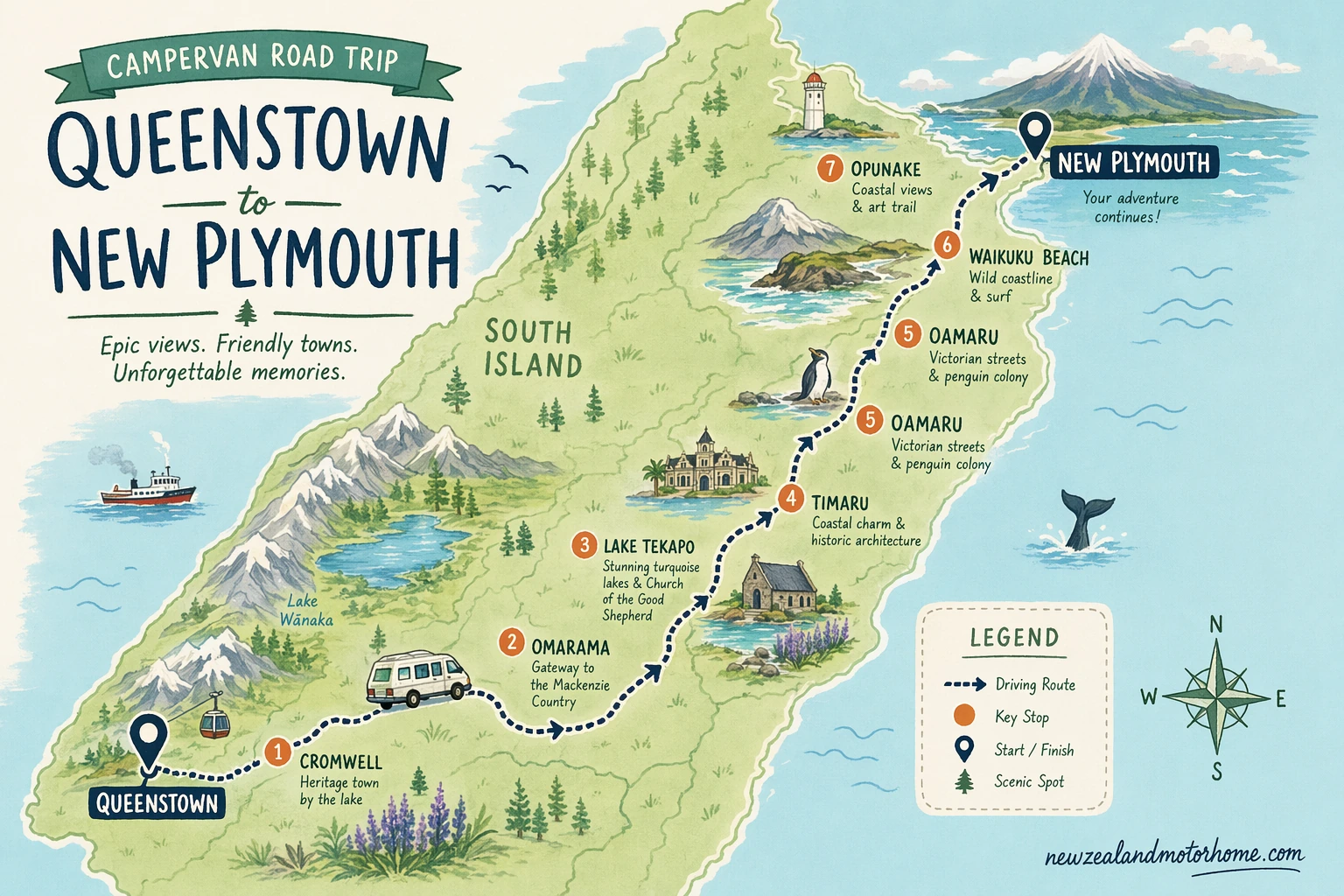 Illustrated campervan map — queenstown to new plymouth campervan