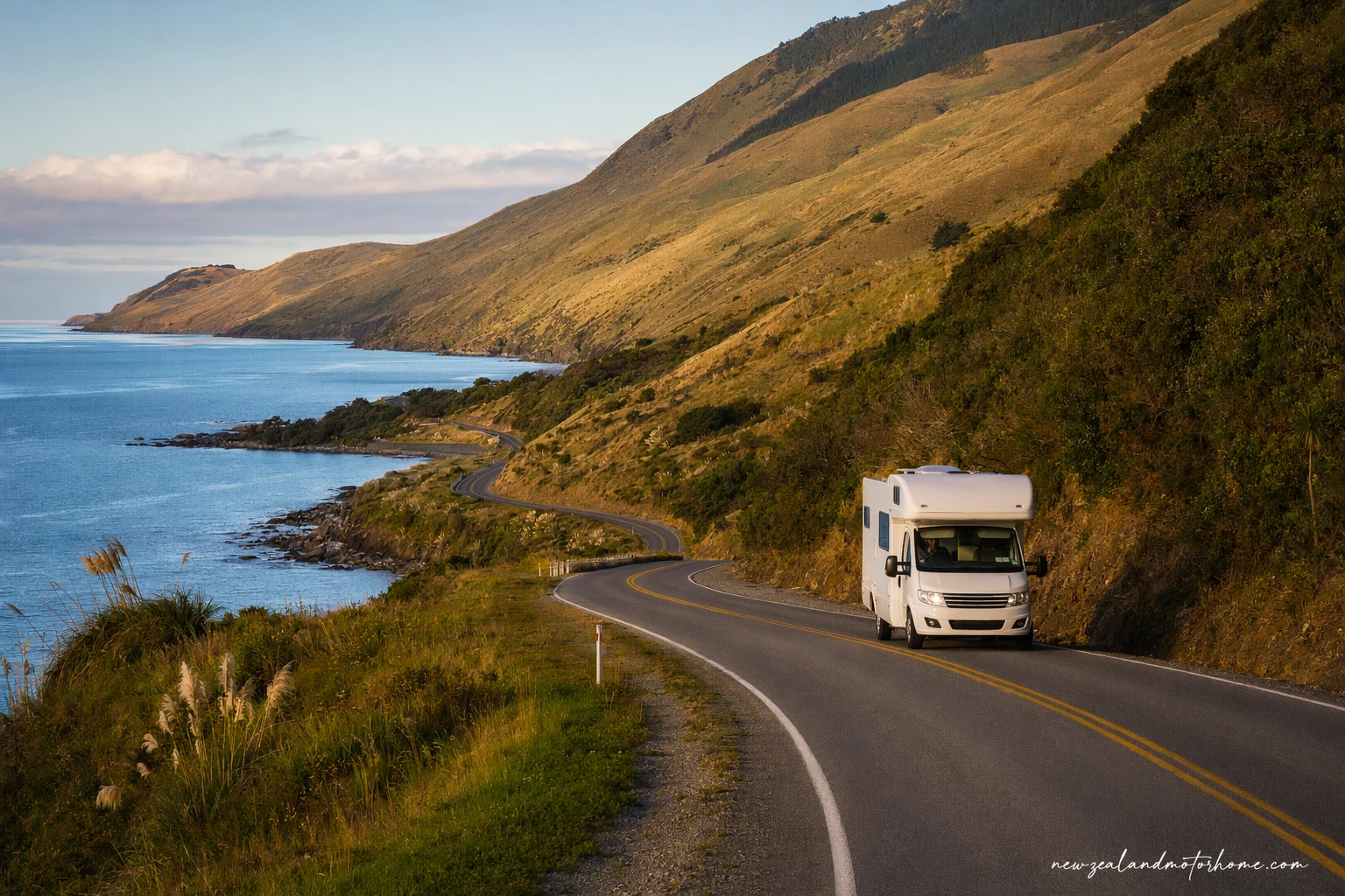 Campervan parked near the New Plymouth coast with Mount Taranaki in the distance