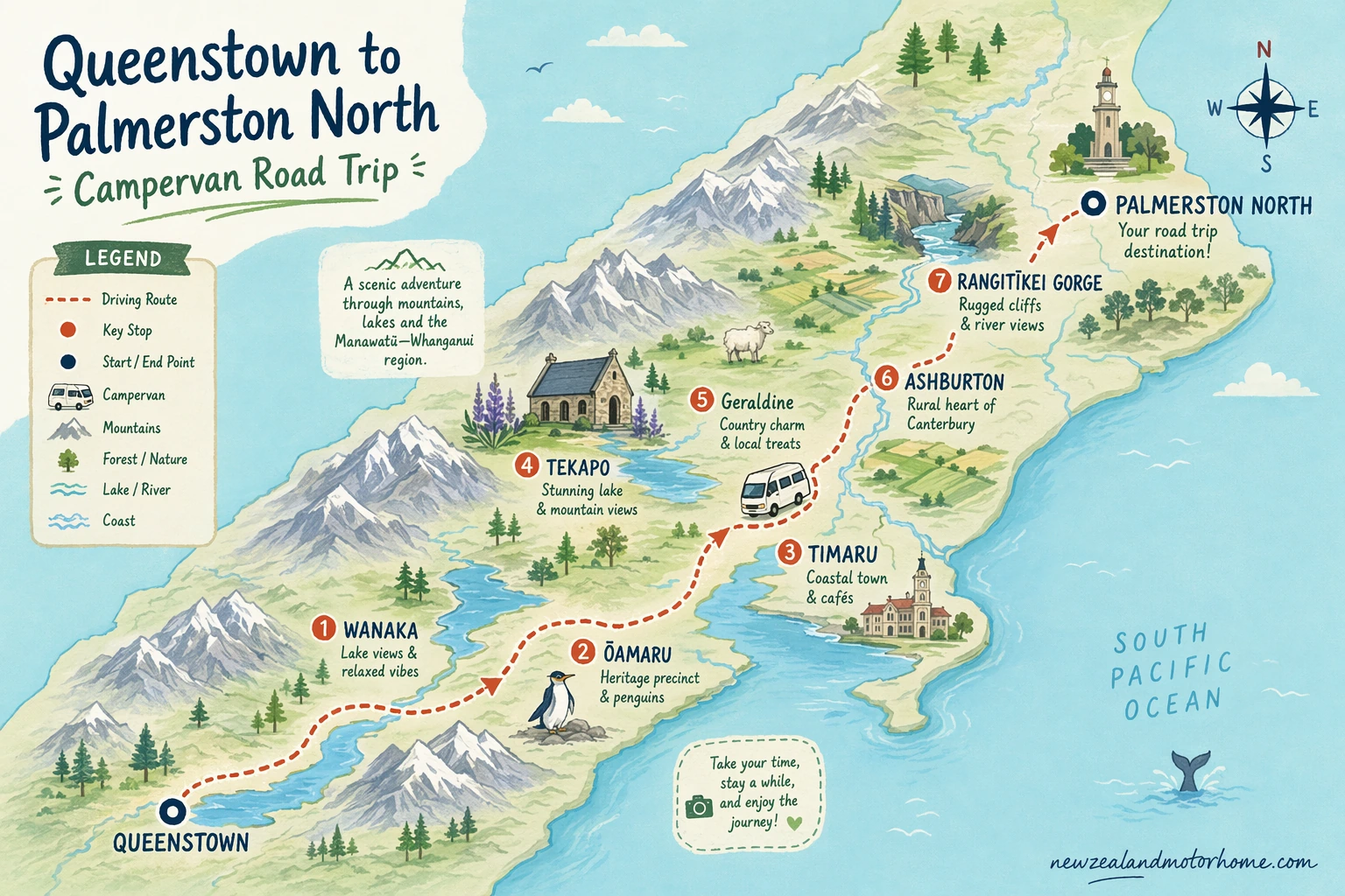 Illustrated campervan map — queenstown to palmerston north campervan