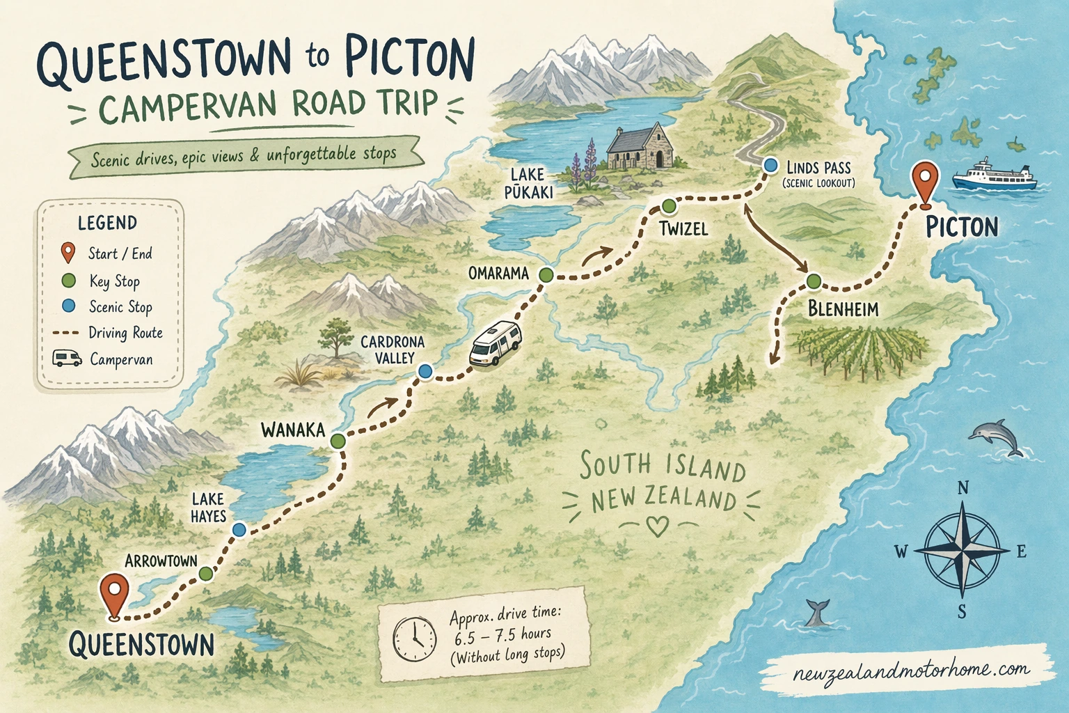 Illustrated campervan map — queenstown to picton campervan