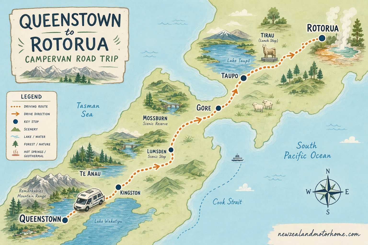 Illustrated campervan map — queenstown to rotorua campervan