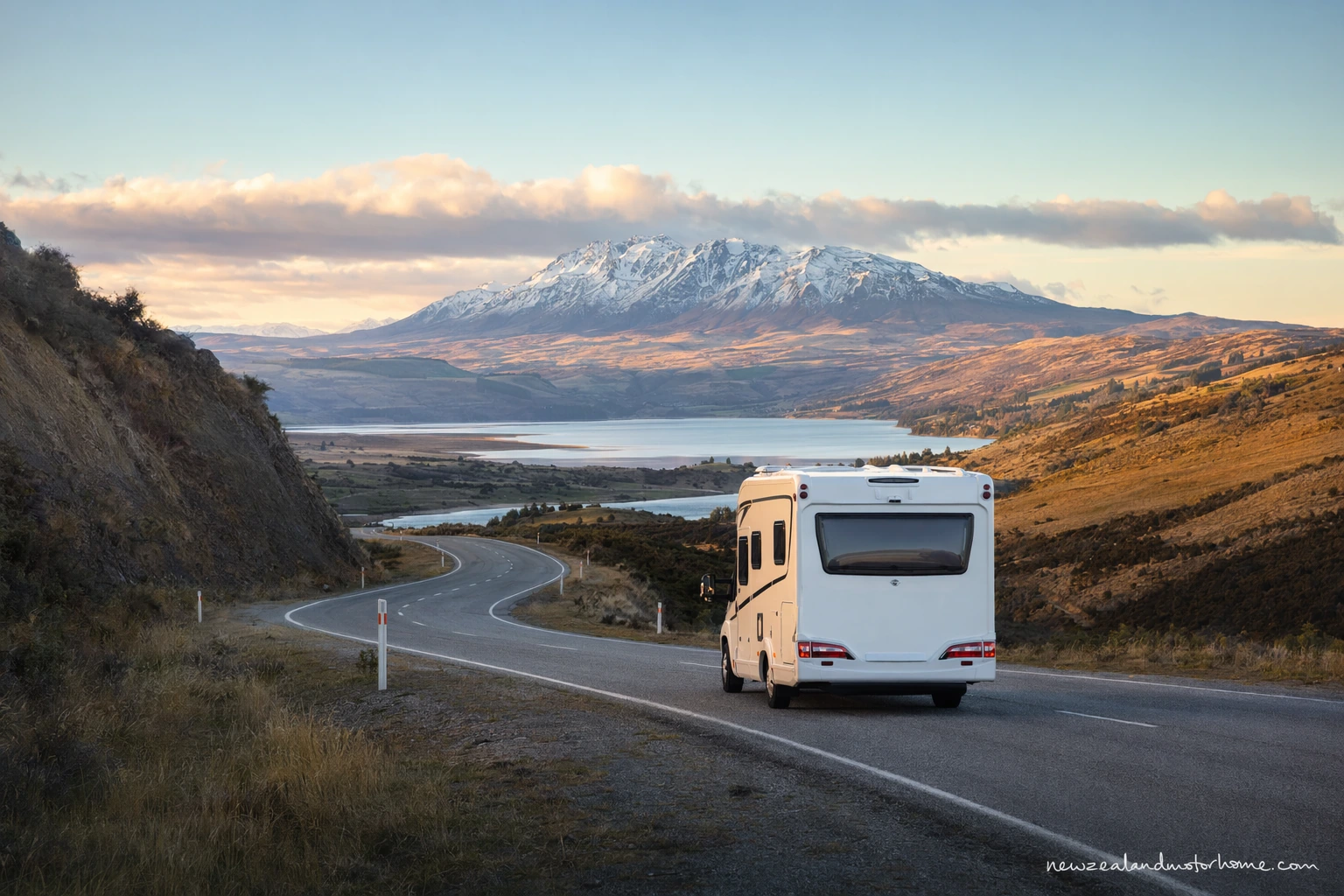 Campervan parked beside Lake Pukaki on the Queenstown to Rotorua route with Southern Alps in the background