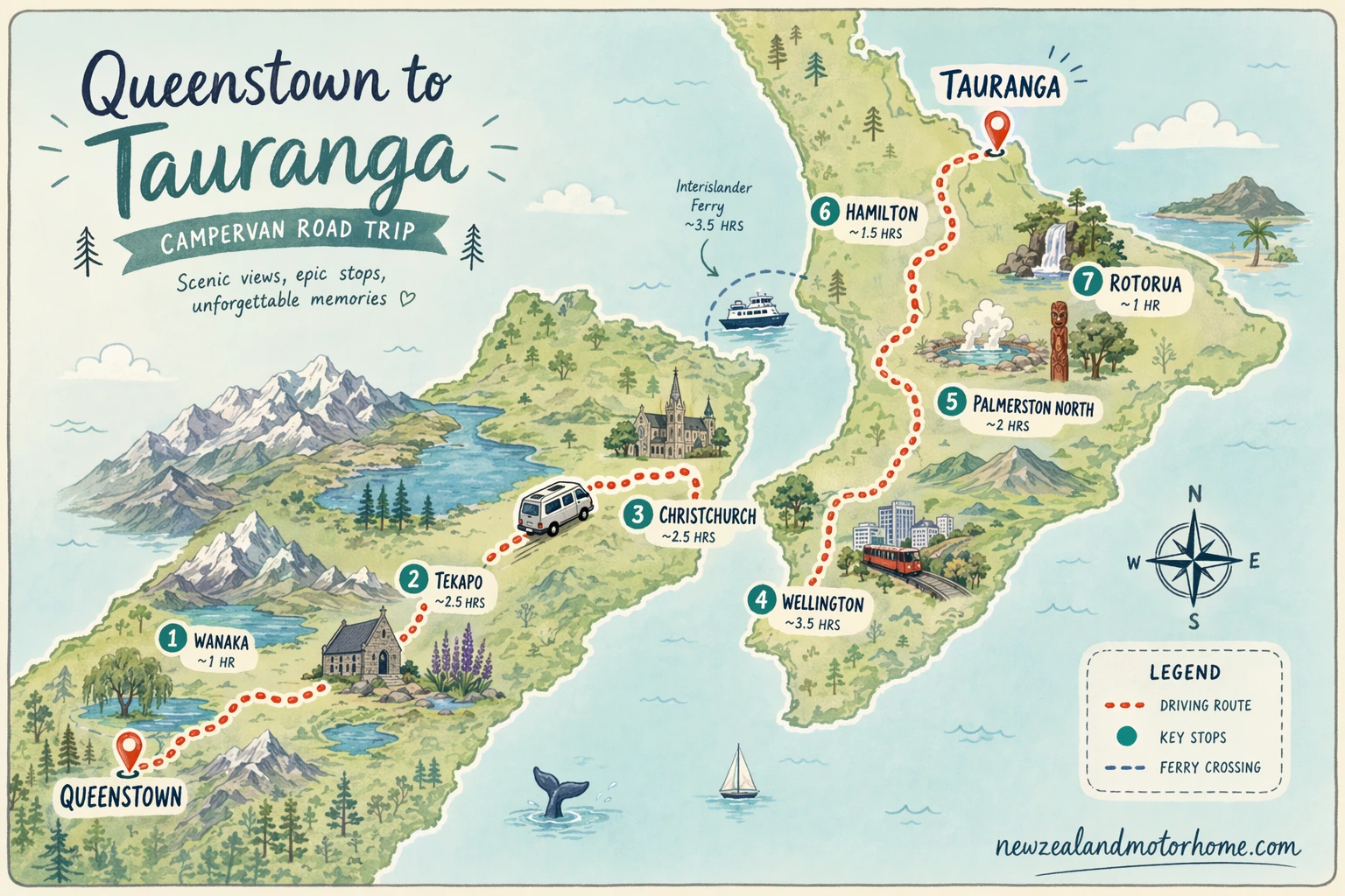 Illustrated campervan map — queenstown to tauranga campervan