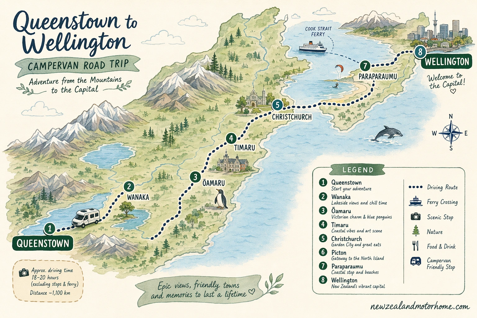 Illustrated campervan map — queenstown to wellington campervan