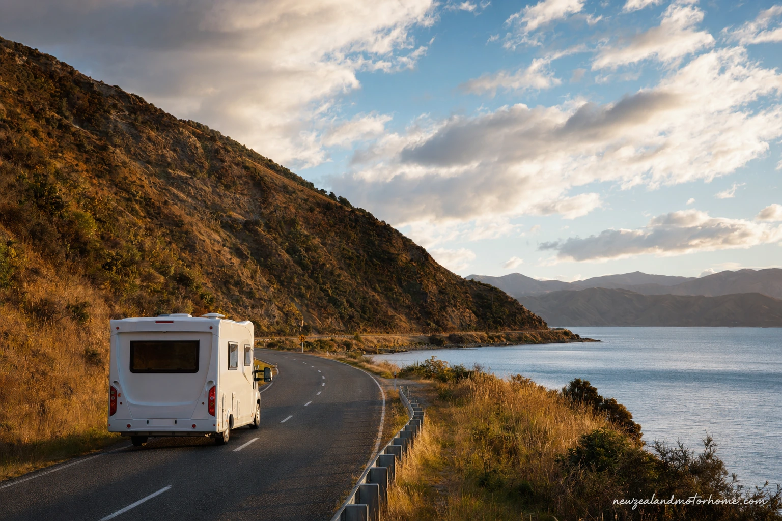 Campervan parked near Lake Pukaki on the Queenstown to Wellington route with mountains in the distance
