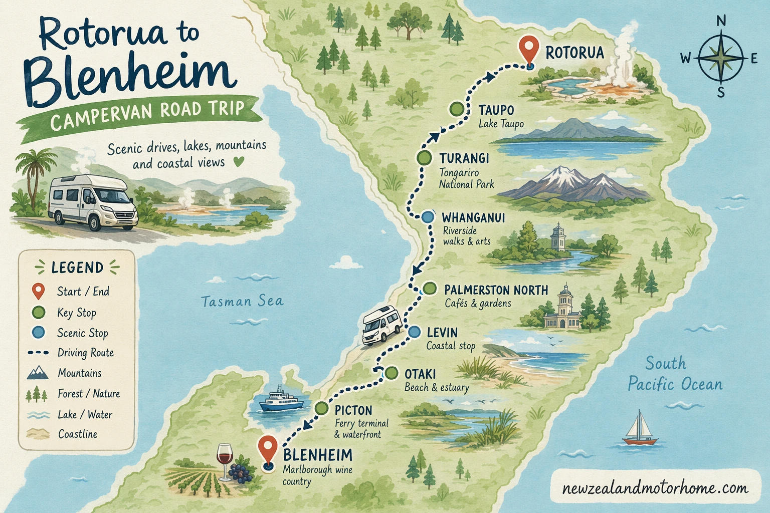 Illustrated campervan map — rotorua to blenheim campervan