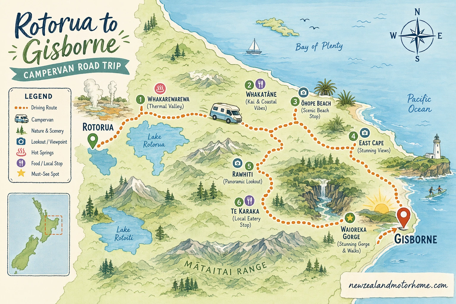 Illustrated campervan map — rotorua to gisborne campervan