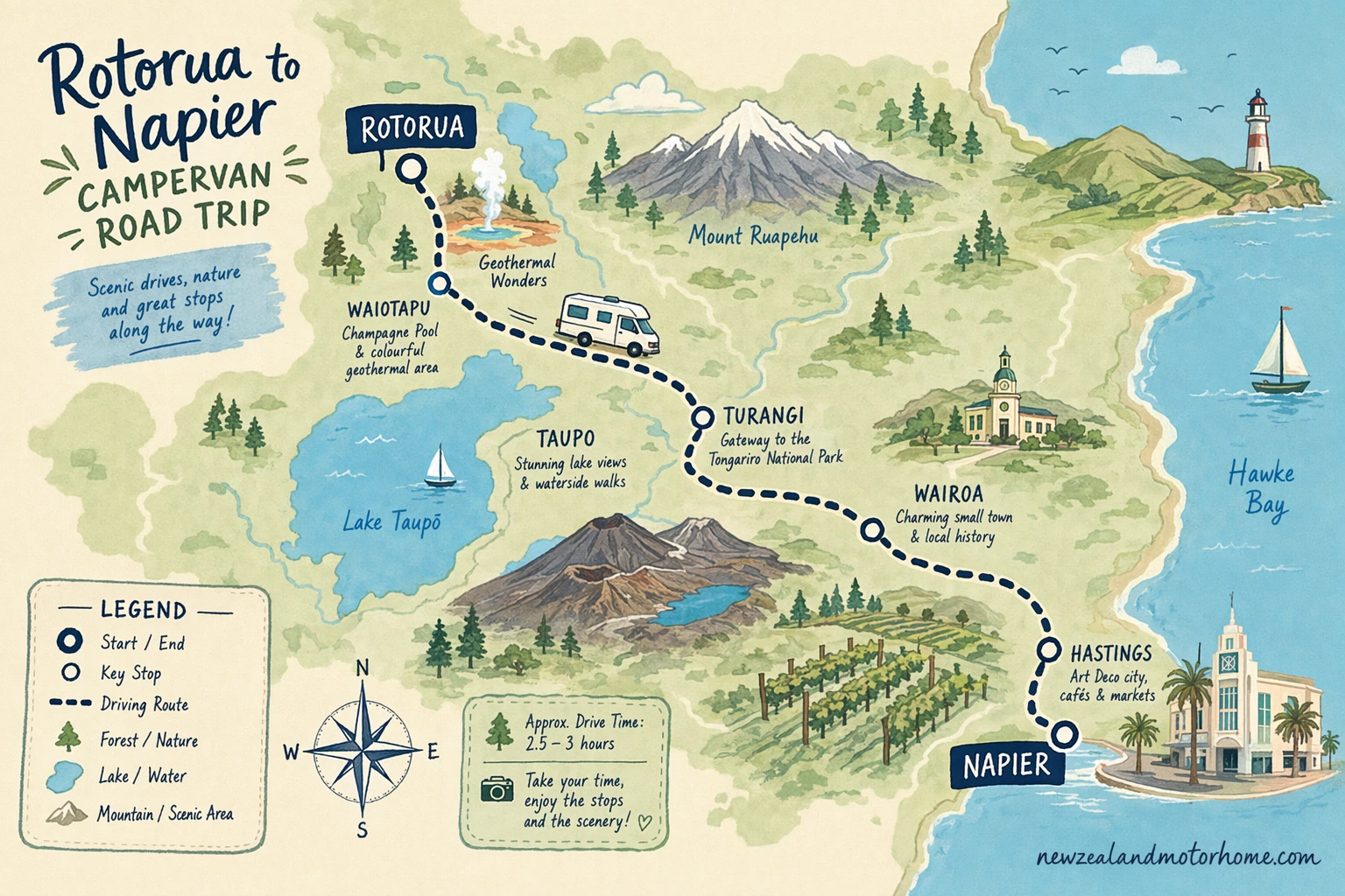 Illustrated campervan map — rotorua to napier campervan