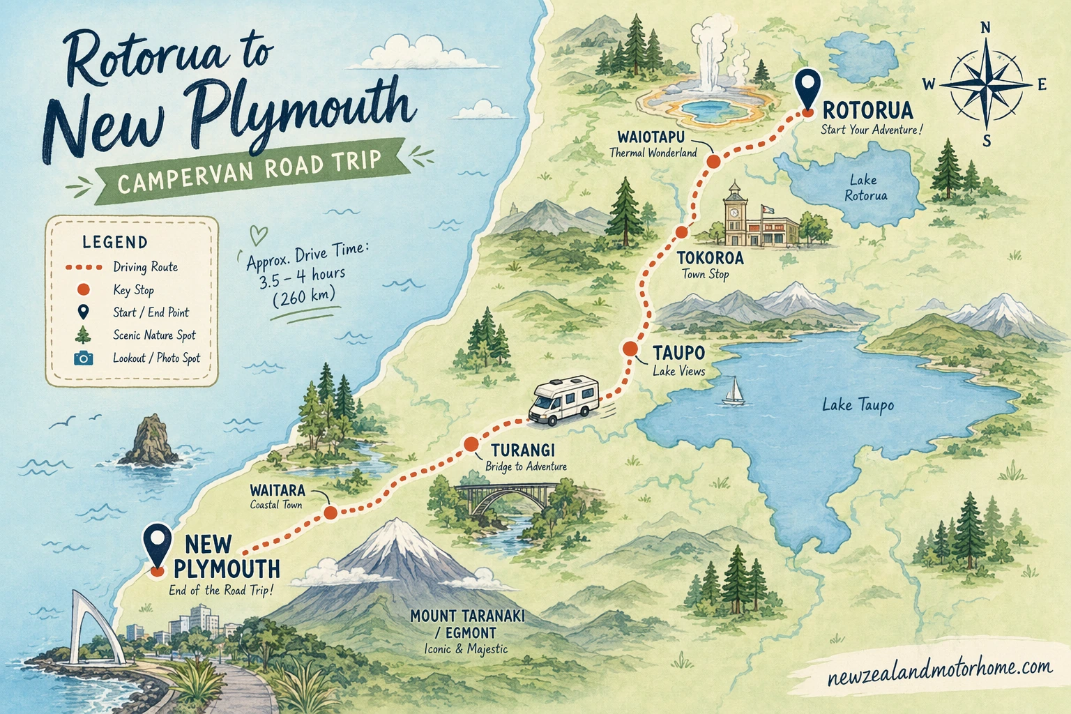 Illustrated campervan map — rotorua to new plymouth campervan