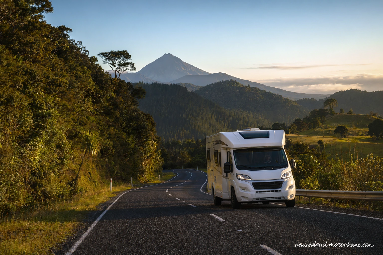 Campervan parked near the Taranaki coast on the Rotorua to New Plymouth route