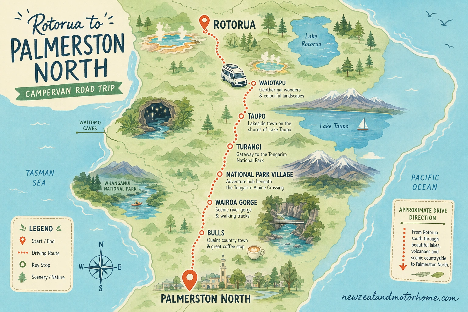 Illustrated campervan map — rotorua to palmerston north campervan