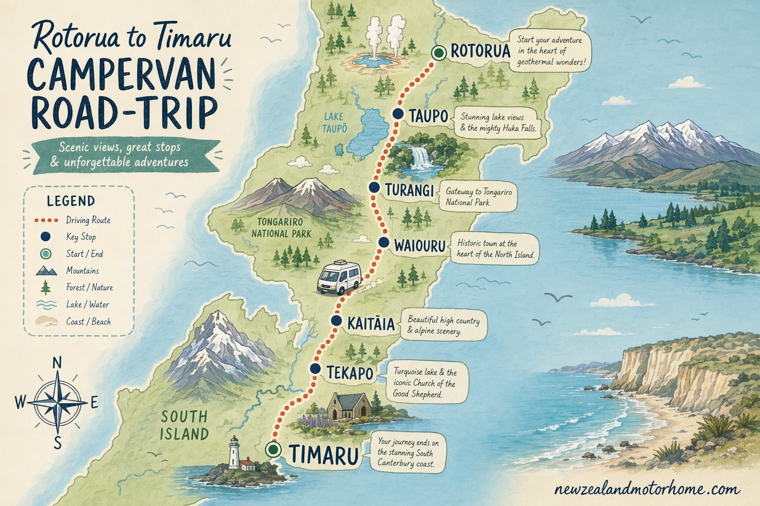 Illustrated campervan map — rotorua to timaru campervan