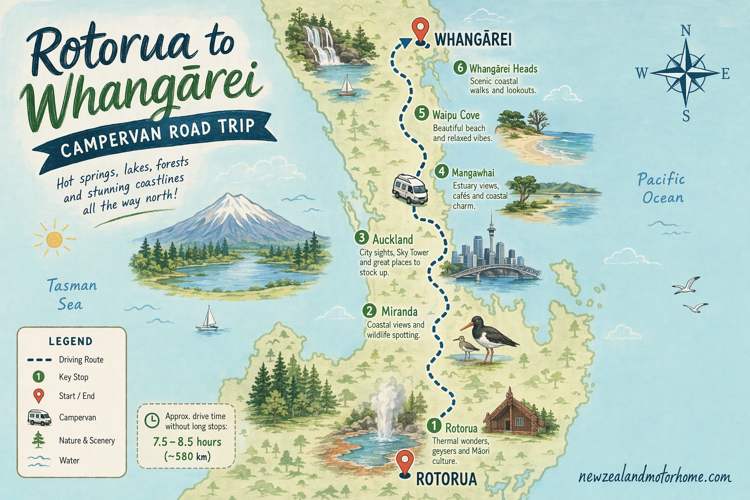 Illustrated campervan map — rotorua to whangarei campervan