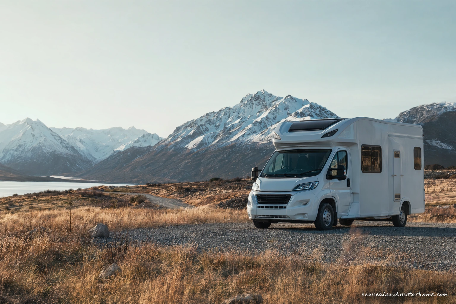 Self-contained campervan parked beside Lake Pukaki with Aoraki Mount Cook in the distance