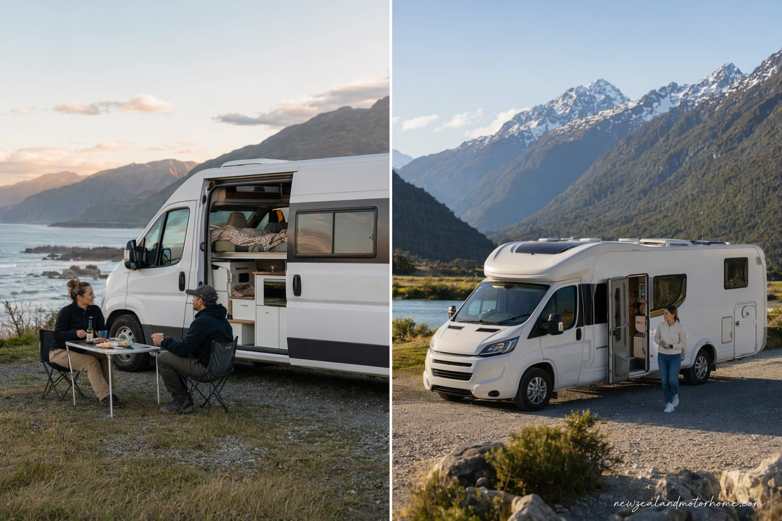 Campervan parked at a lakeside campsite near Lake Pukaki, New Zealand