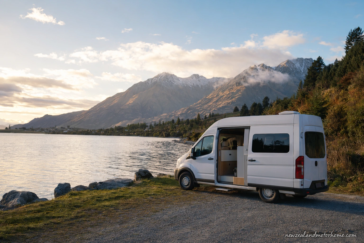 Campervan parked beside a South Island lake on a New Zealand both-islands self-drive route