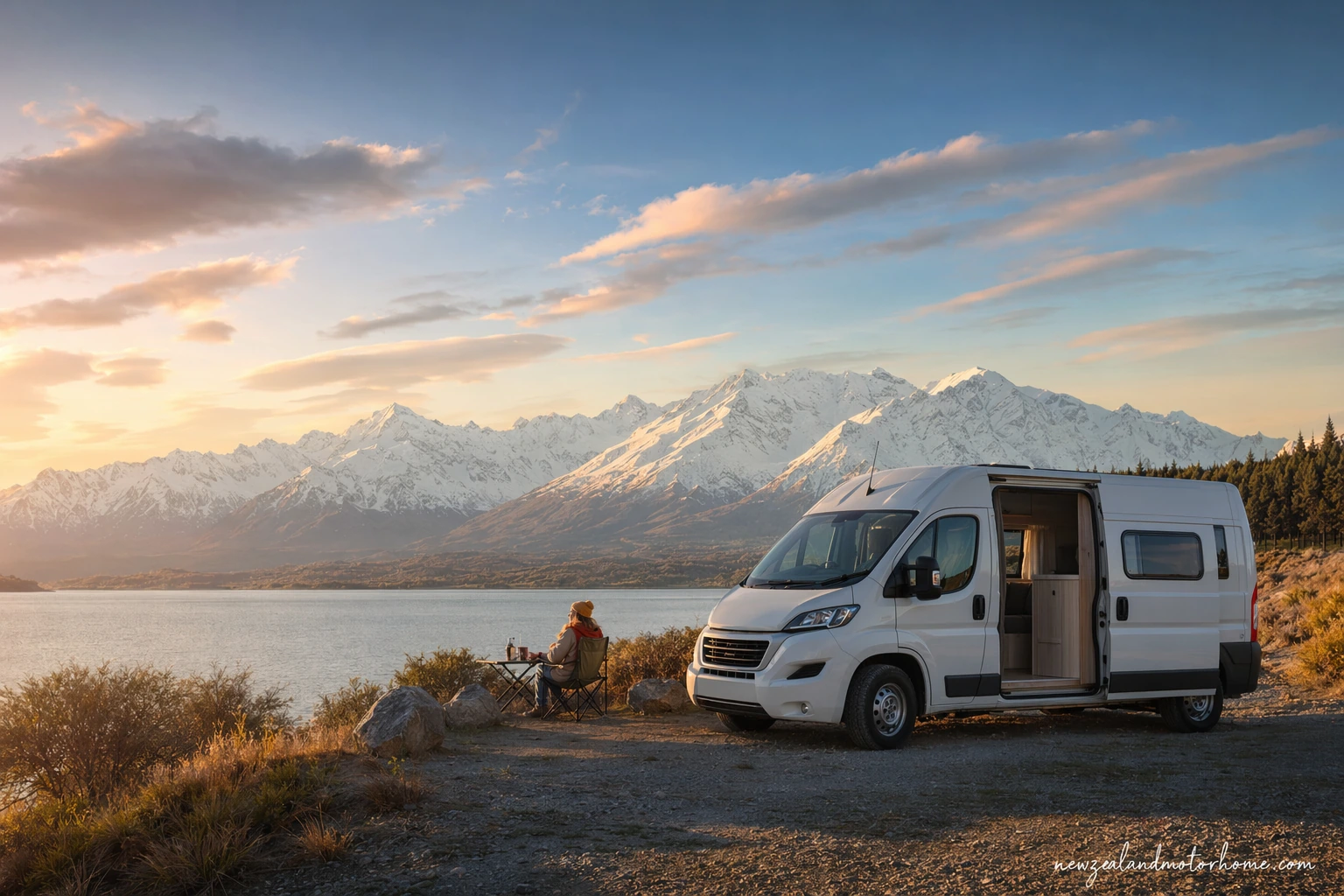 Campervan parked near snow-covered mountains on a New Zealand winter ski route