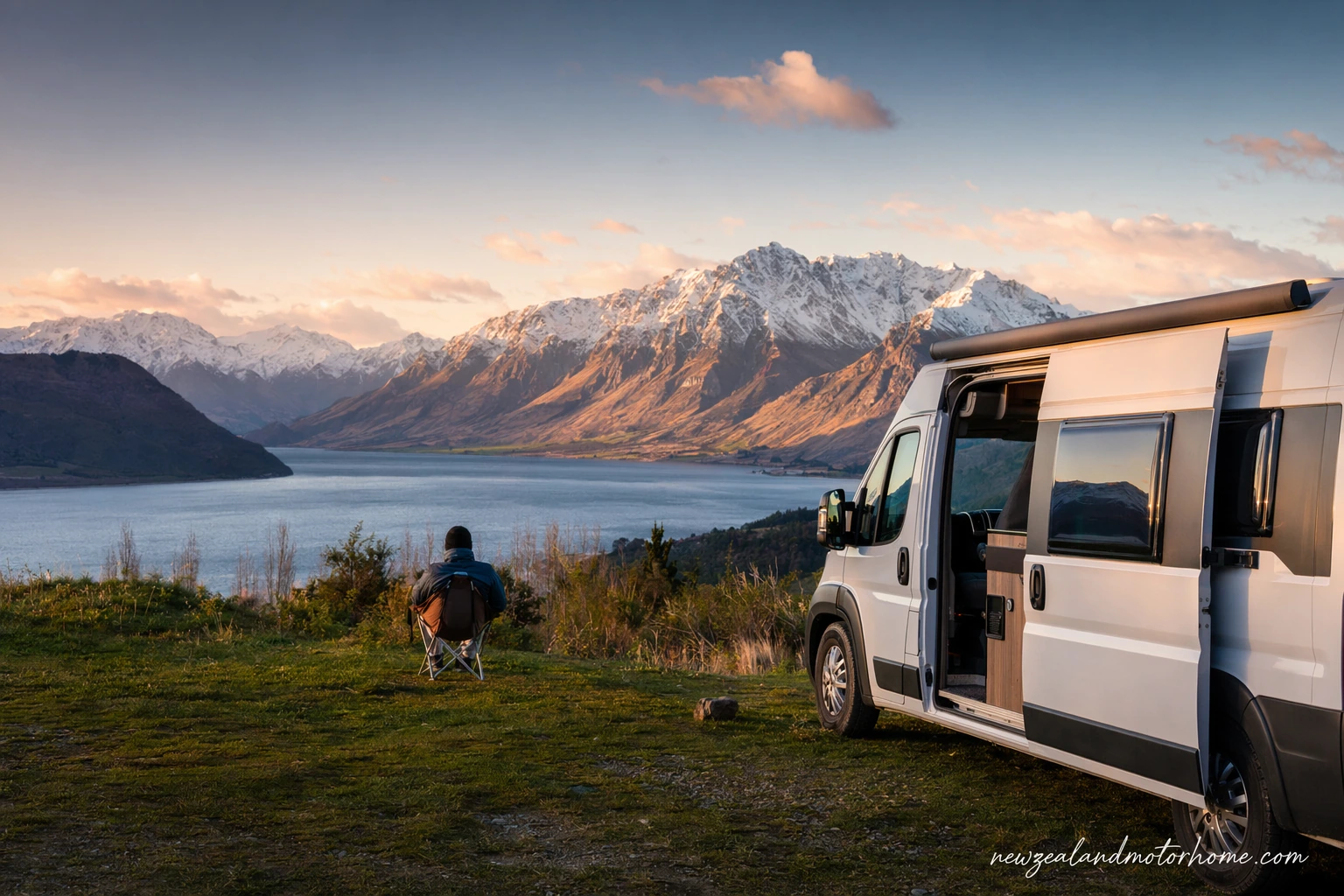 Campervan parked beside a South Island lake with mountains near Aoraki Mount Cook
