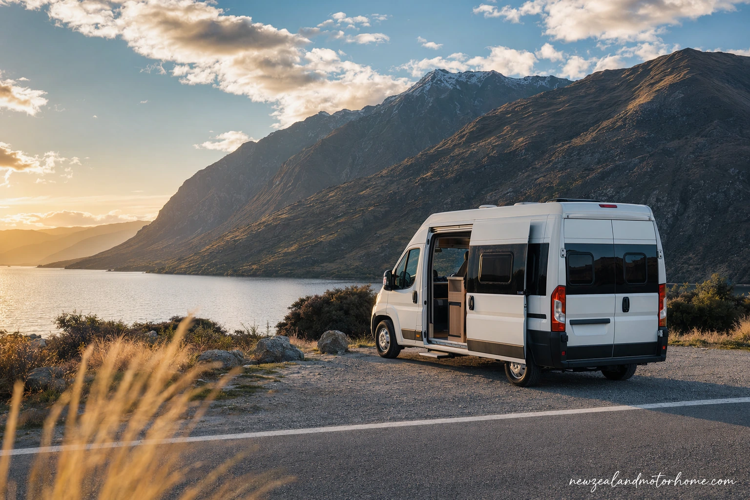 Campervan parked beside a South Island lake with mountains beyond