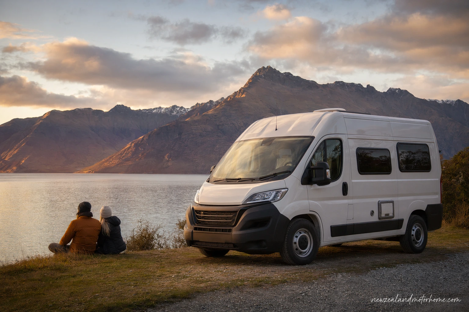 Campervan parked beside Lake Tekapo on a South Island high-country road