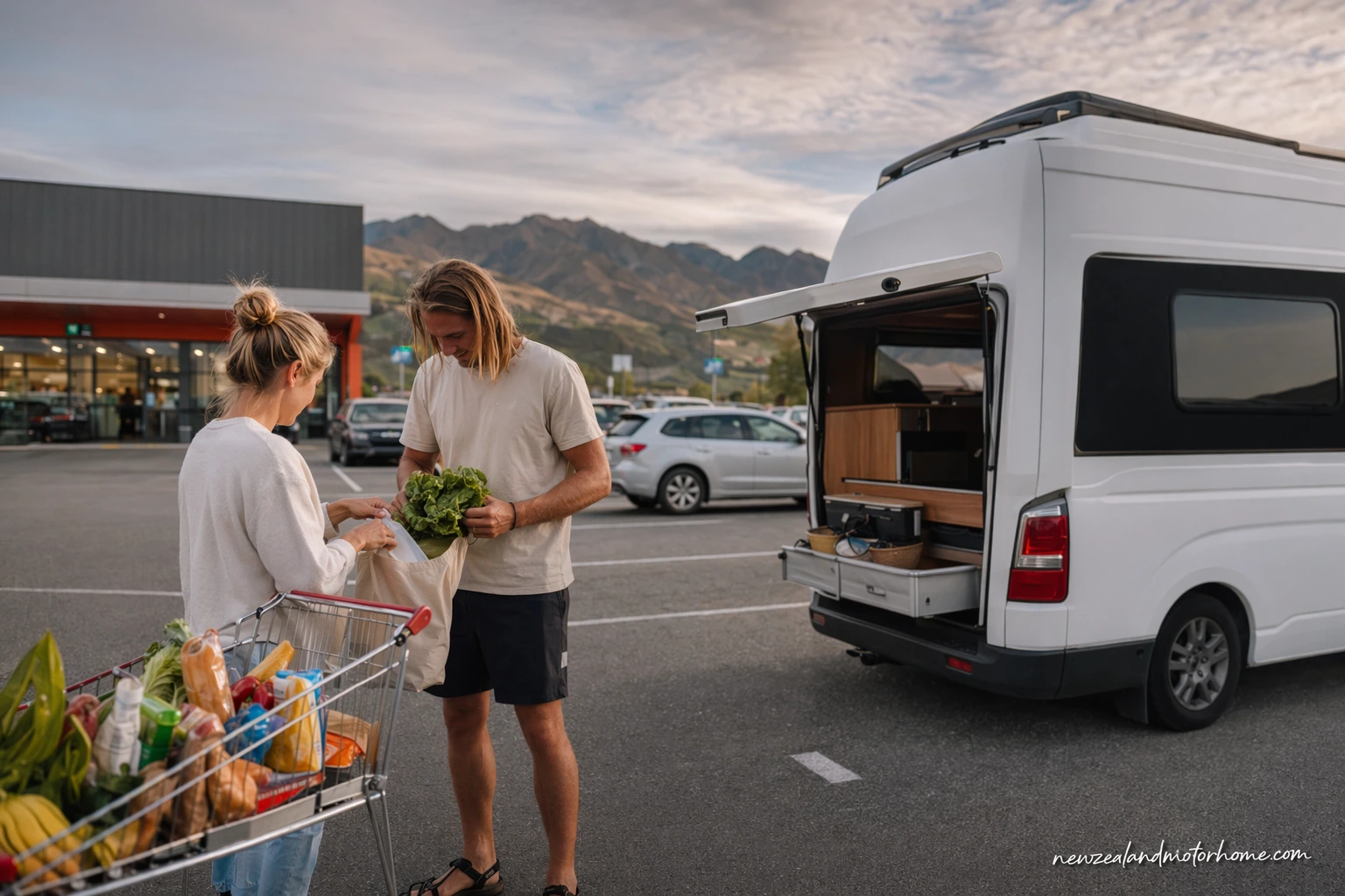 Campervan parked beside a New Zealand supermarket while travellers load groceries for a self-drive road trip
