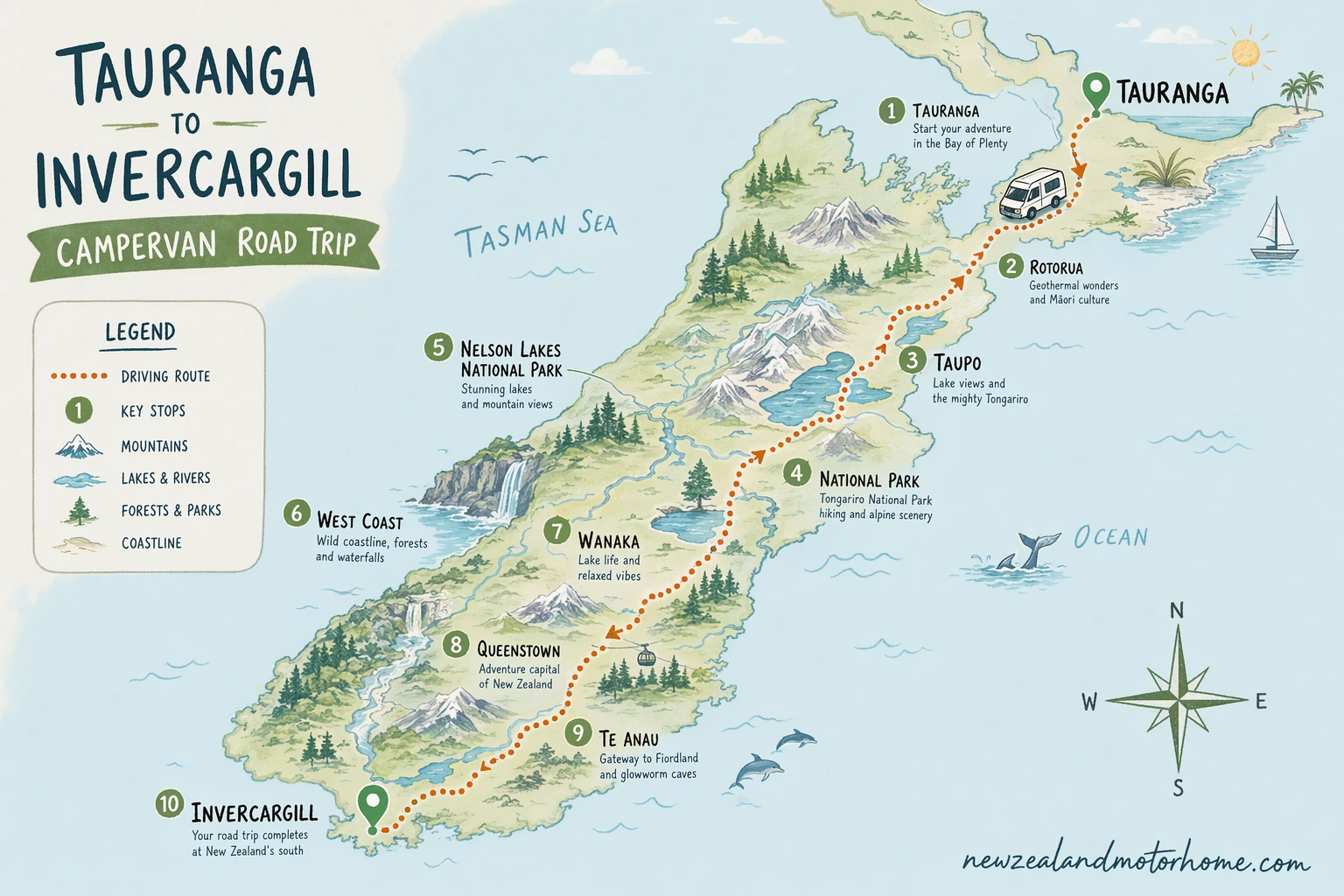 Illustrated campervan map — tauranga to invercargill campervan
