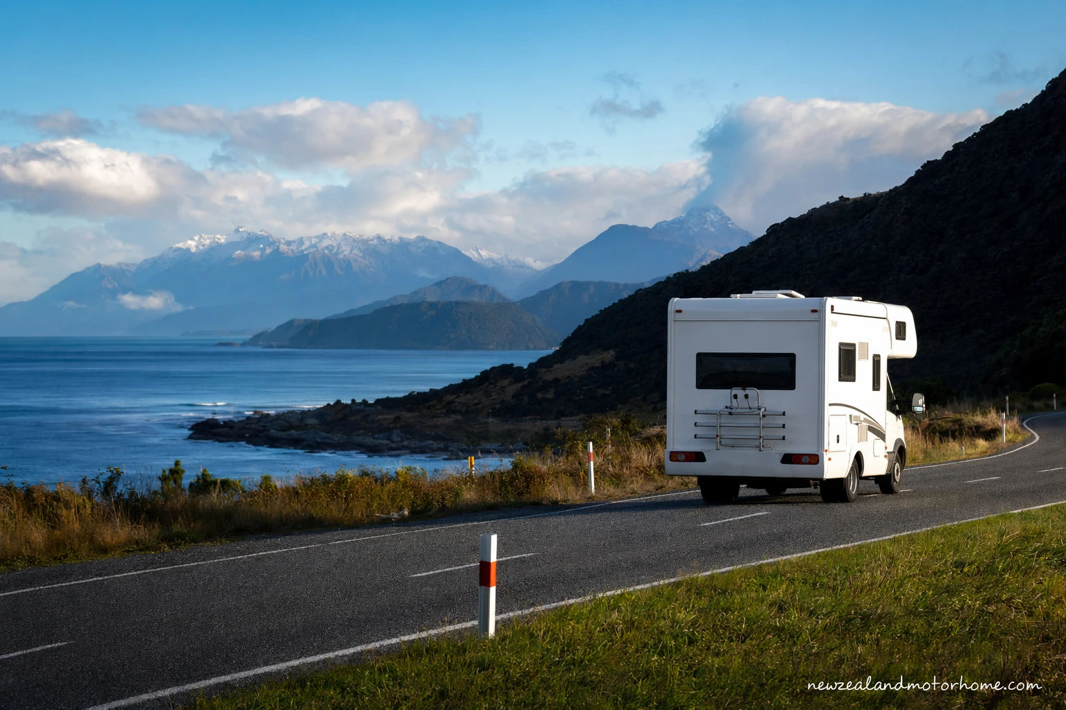 Campervan parked on a quiet Southland road near Invercargill after the long drive from Tauranga