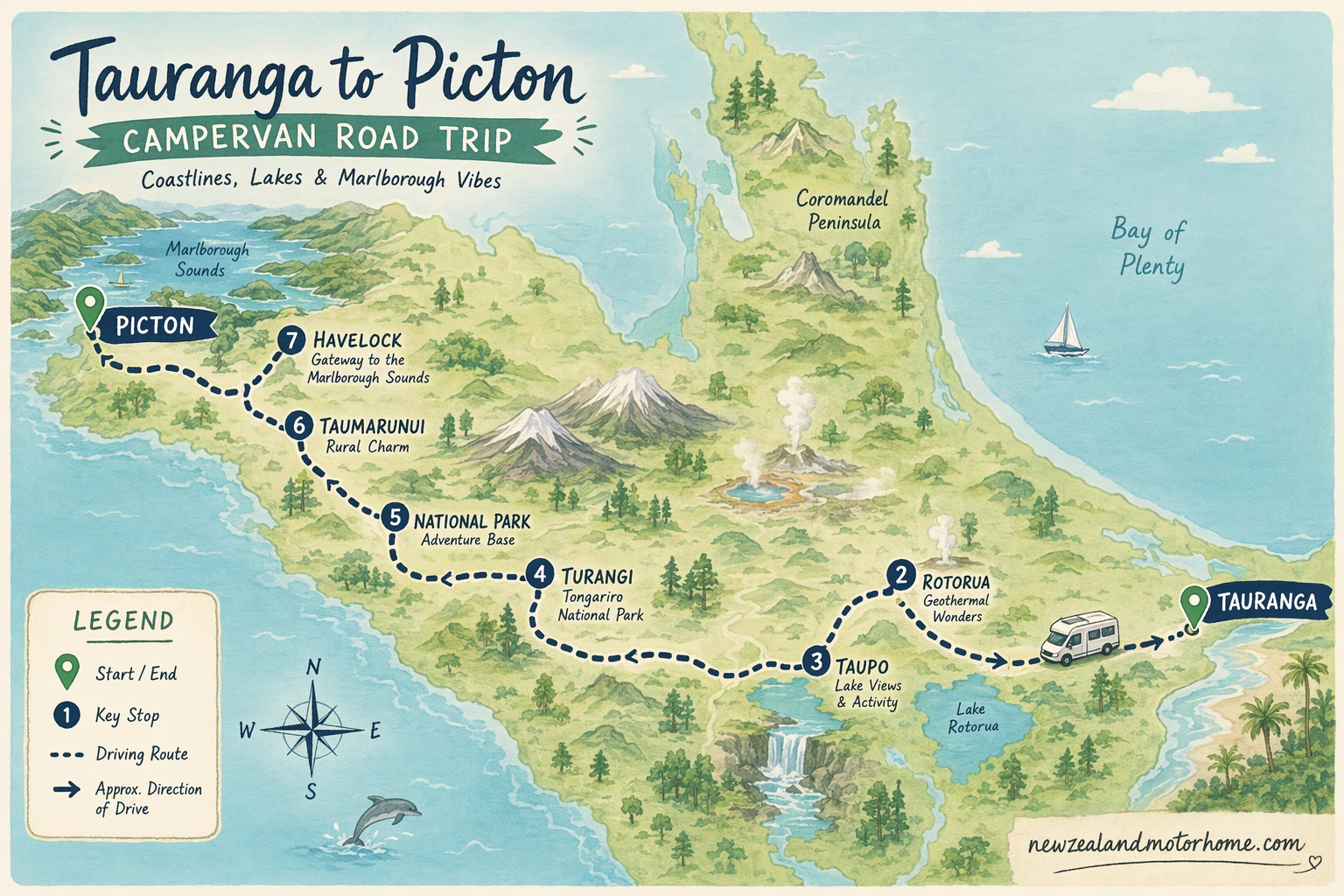 Illustrated campervan map — tauranga to picton campervan
