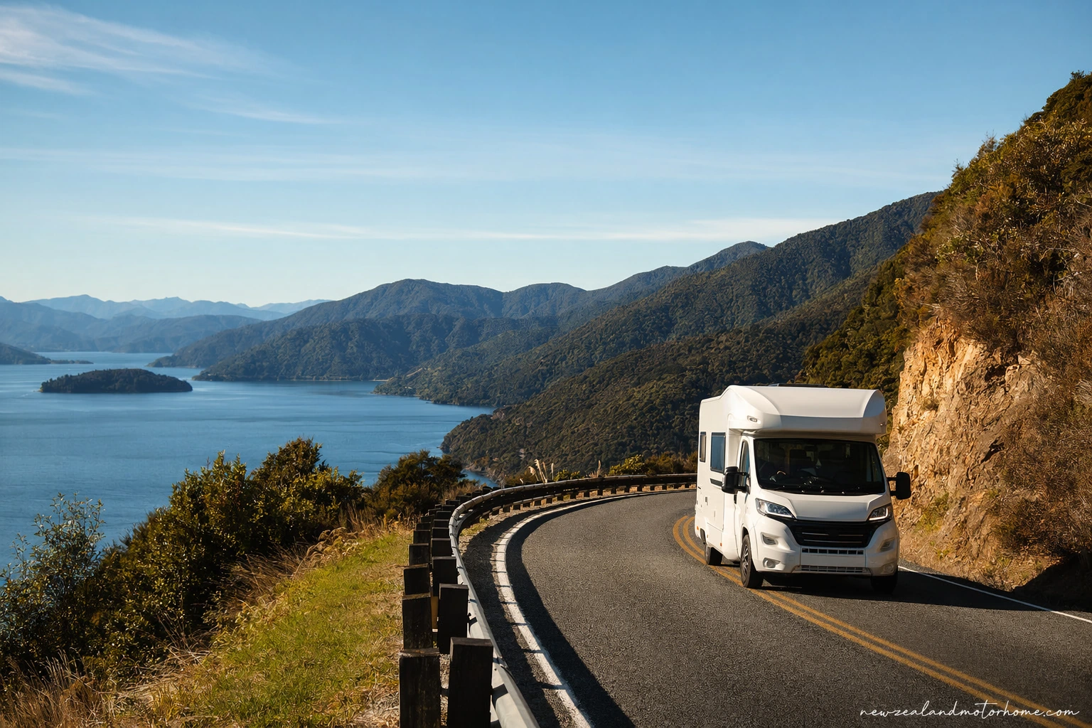 Campervan parked near Picton harbour after the Cook Strait ferry crossing