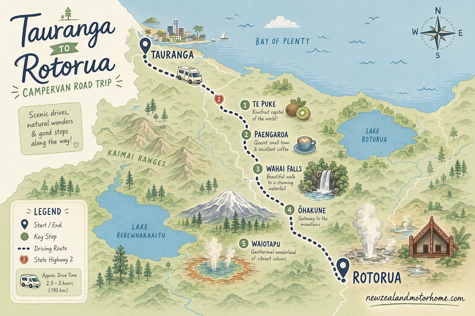 Illustrated campervan map — tauranga to rotorua campervan
