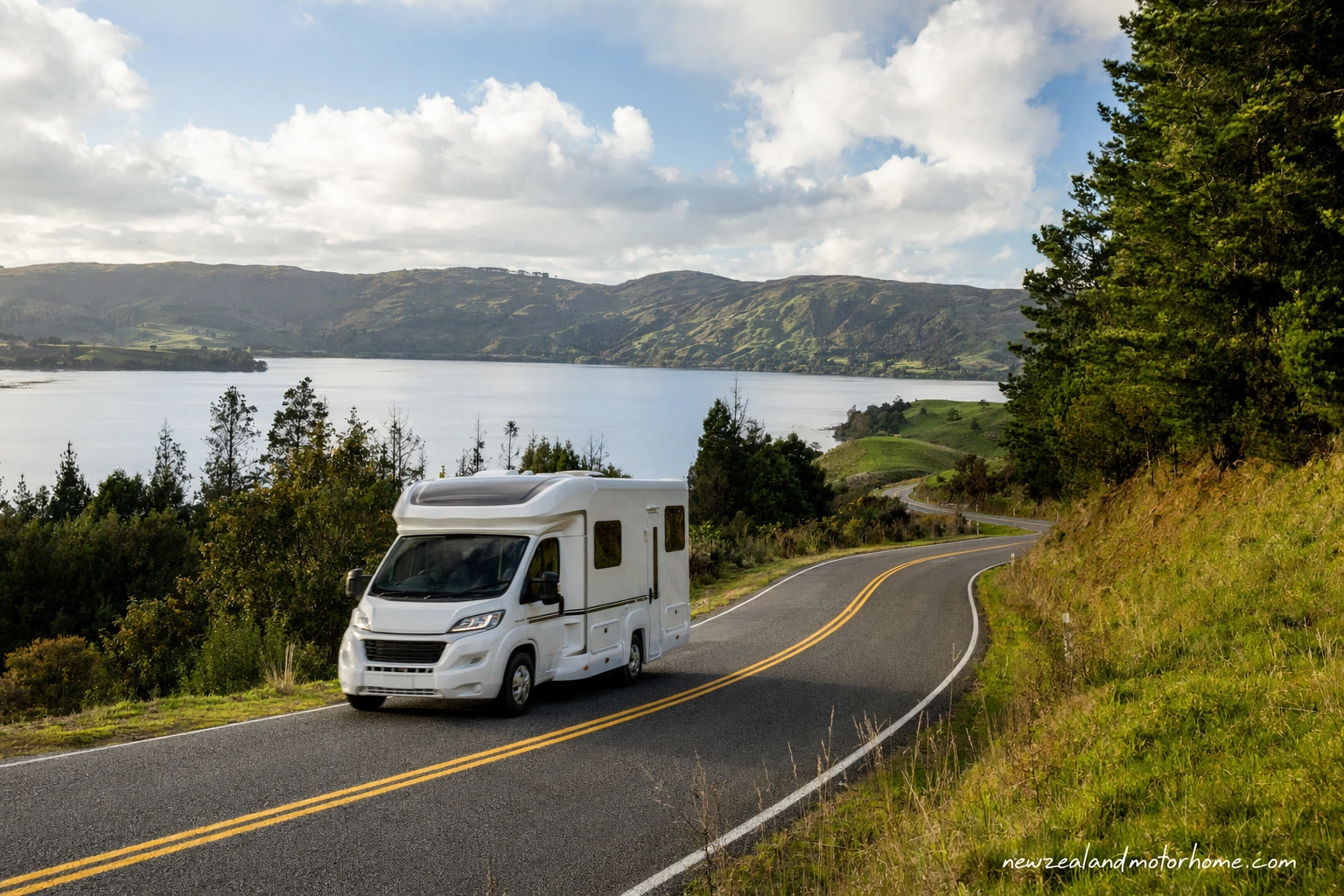 Campervan parked near Lake Rotorua after the inland drive from Tauranga
