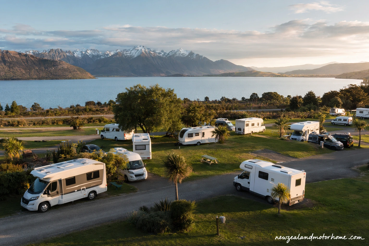 Campervan parked on a powered site at a North Island holiday park near the coast