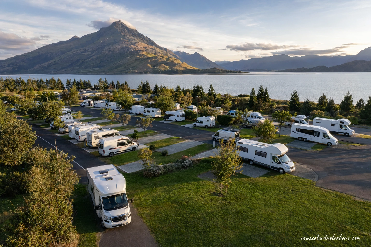 Campervan parked on a South Island holiday park site beside mountains and lake