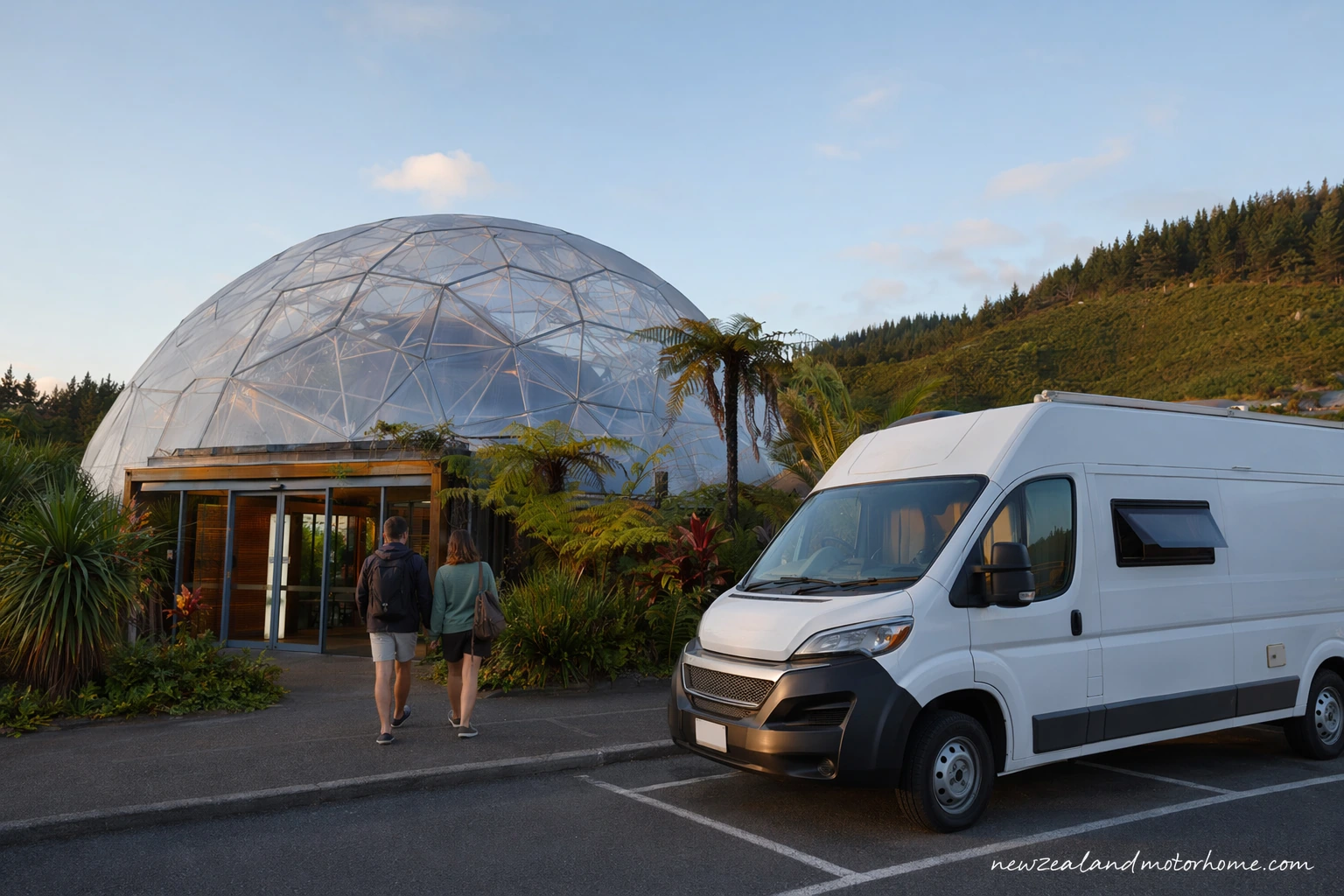 Campervan parked near Agrodome Rotorua with rural farm buildings and green paddocks