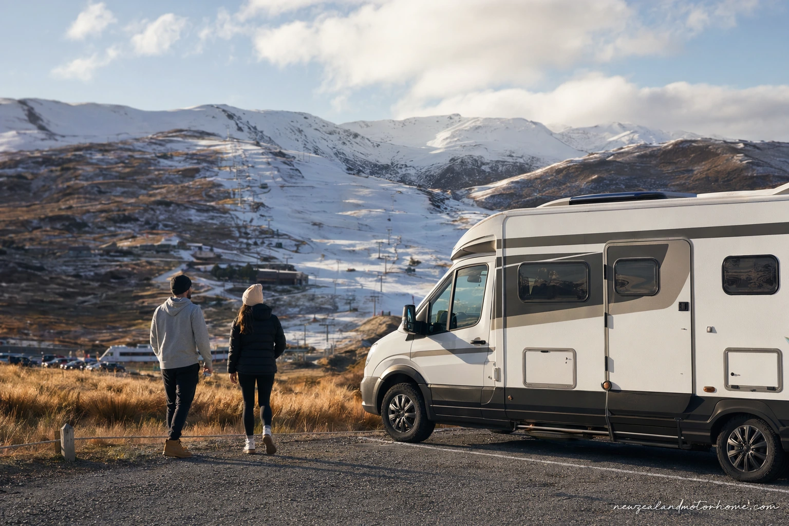 Campervan parked near Cardrona Alpine Resort with snowy alpine slopes above