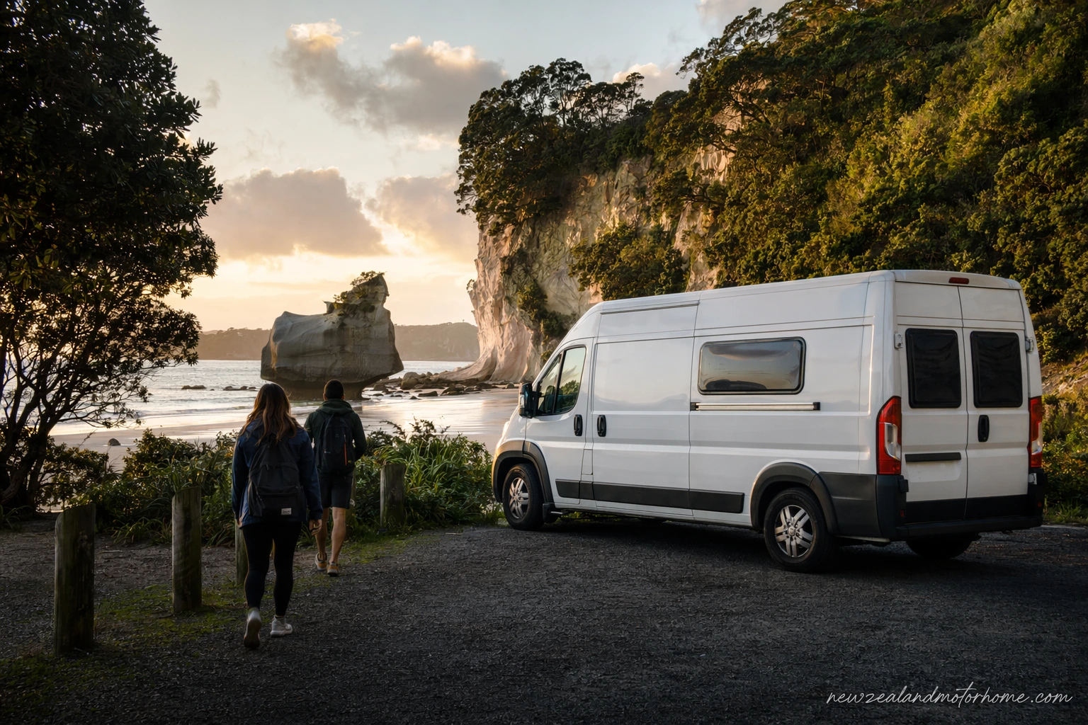Campervan parked near Hahei with the track and coastline leading towards Cathedral Cove