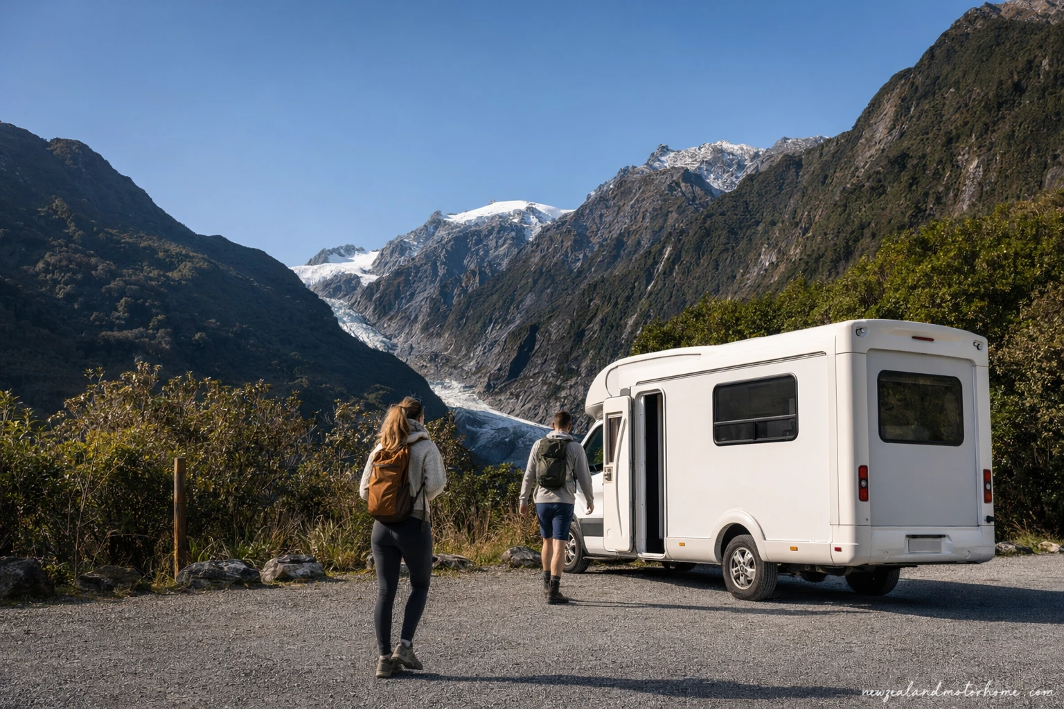 Campervan parked in Franz Josef village before a heli hike to the glacier