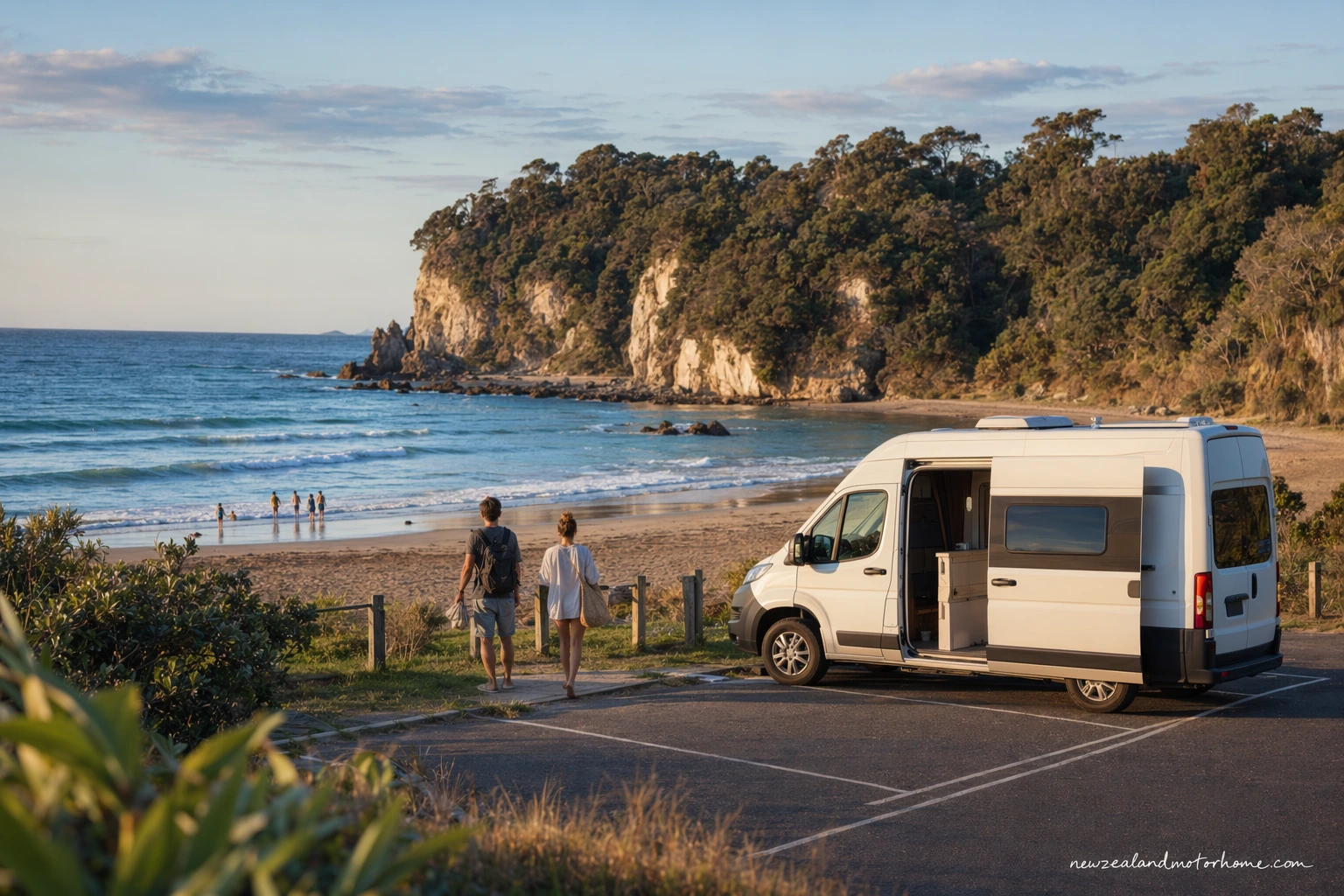 Campervan parked near Hot Water Beach on the Coromandel with beach access tracks and coastal dunes